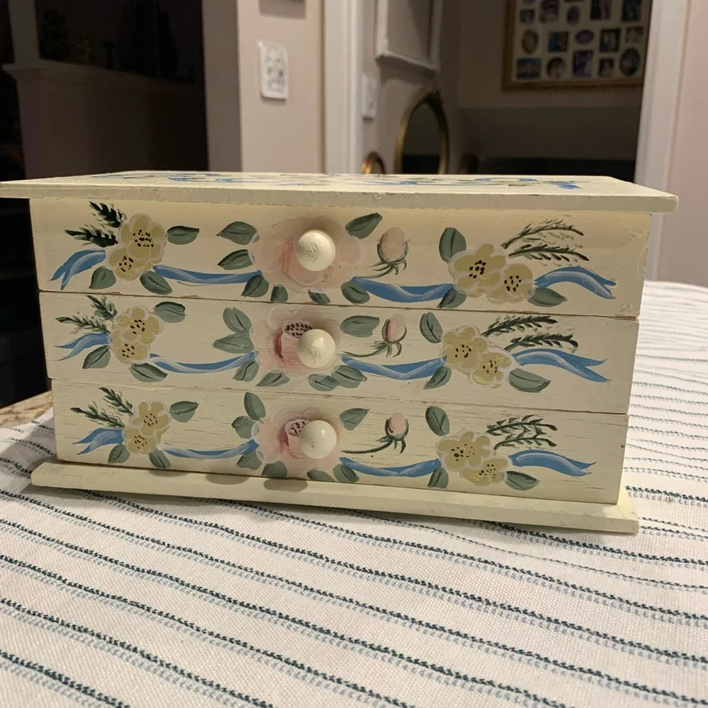 Vintage Hand Painted Jewelry Box Cottage Core 3 Drawer Wood Floral Design
